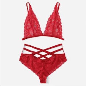Red floral lace strappy lingerie set